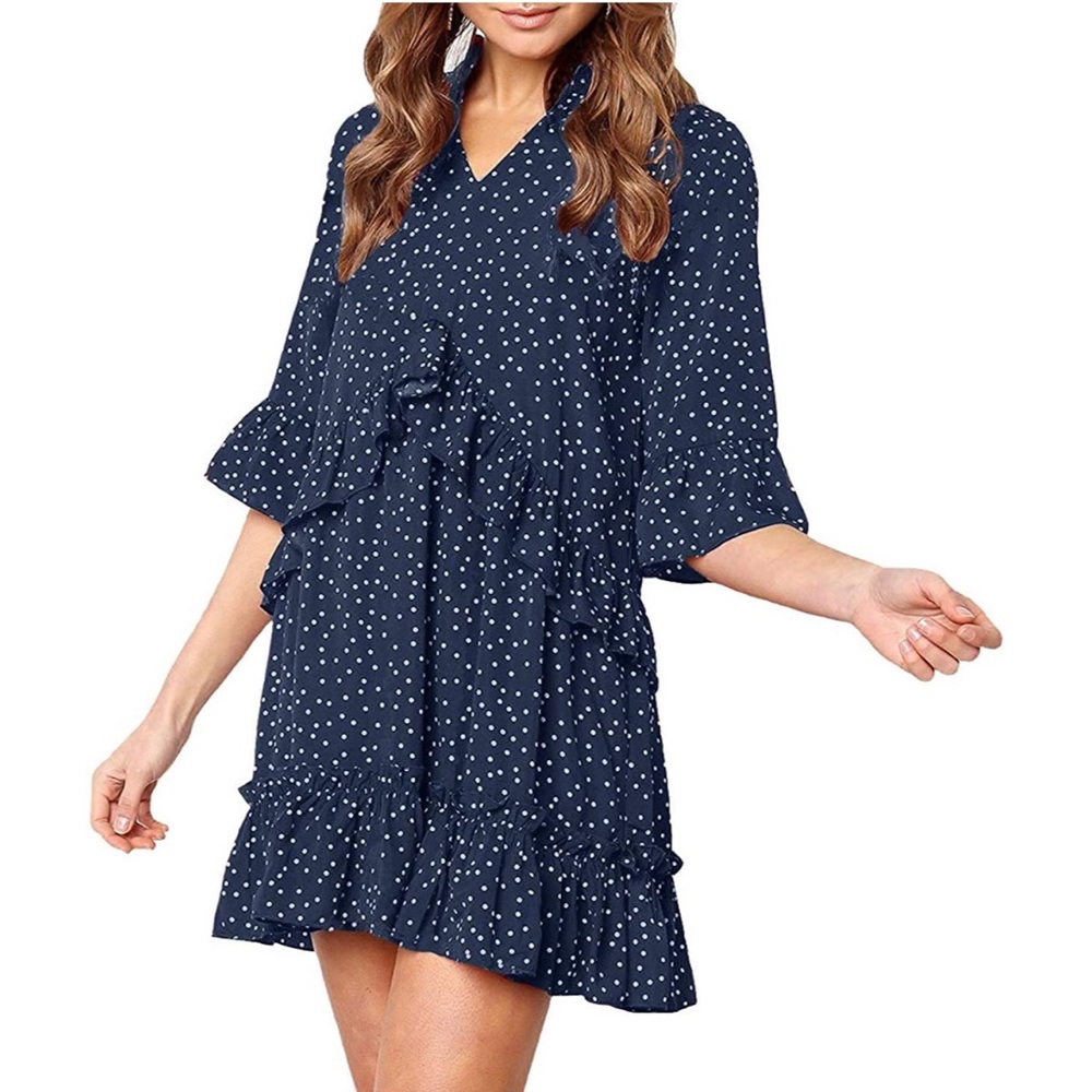 New navy polka dot flowy summer dress - Picture 2 of 5